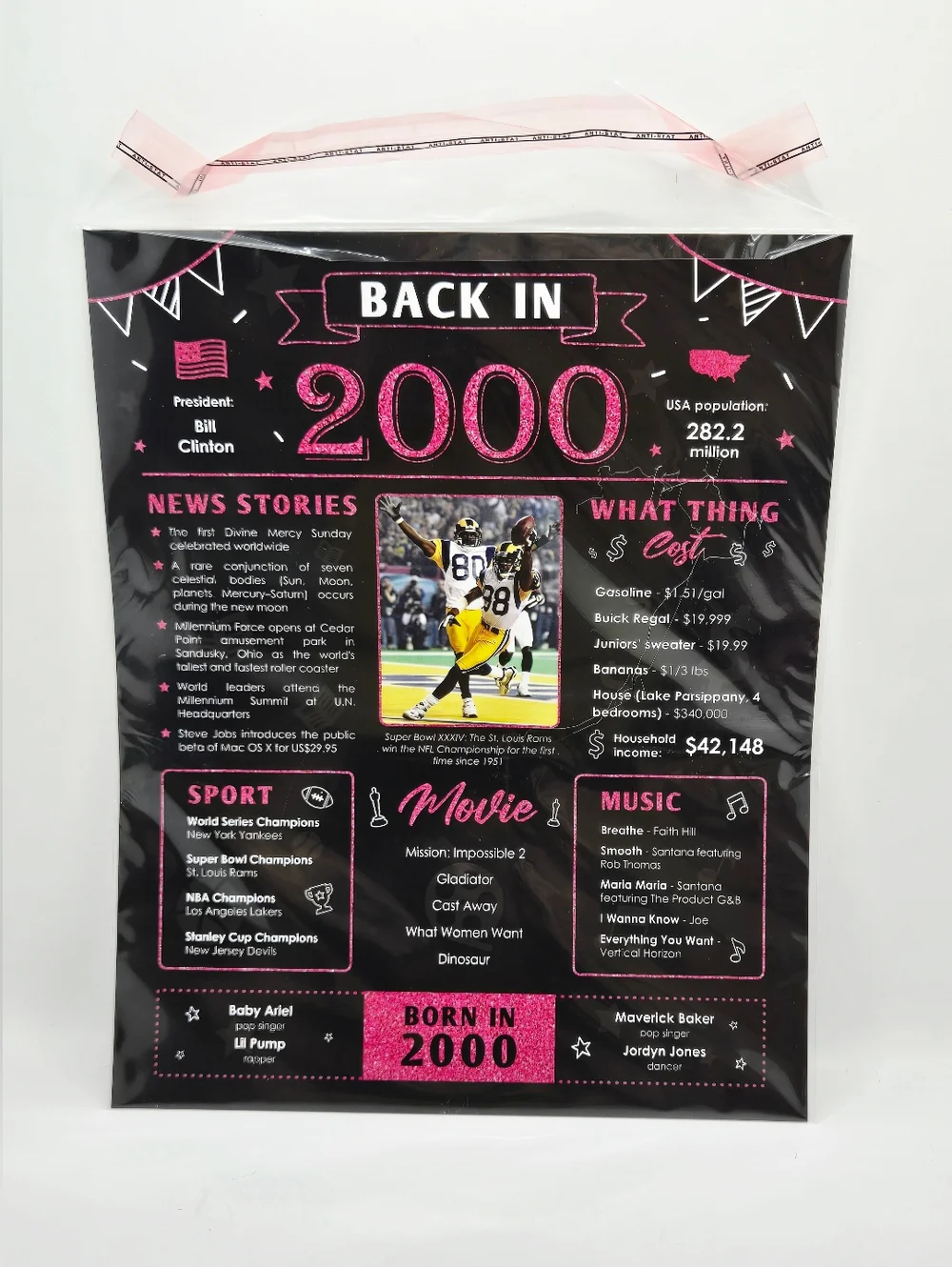 Back in 2000 Birthday Poster Sign 8x10 Unframed Pink Black Milestone Party Decor